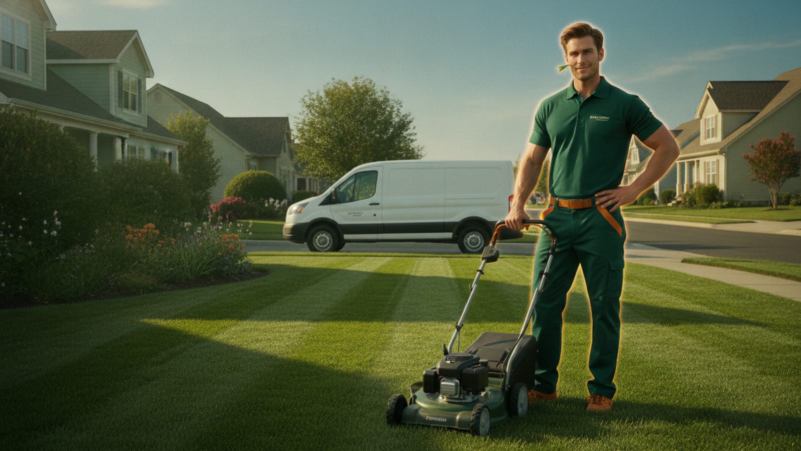 A lawn-care pro mowing a suburban front yard, their service van parked at the curb on a bright morning