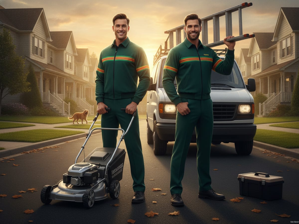 Two service pros in green uniforms standing with their van, mower, and ladder, ready to work a block