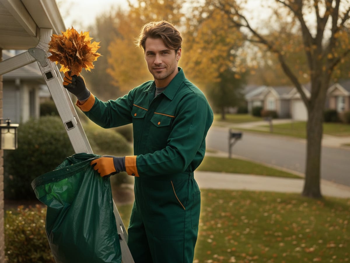 A worker on a ladder clearing fallen leaves from a house gutter along the roof eave