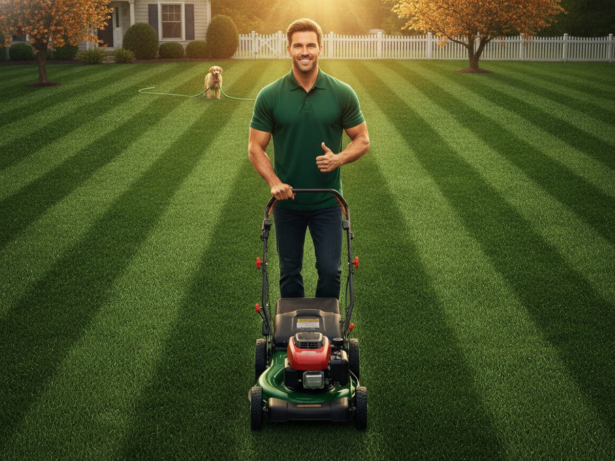 A lawn-care pro in a green polo mowing a healthy suburban lawn into clean stripes