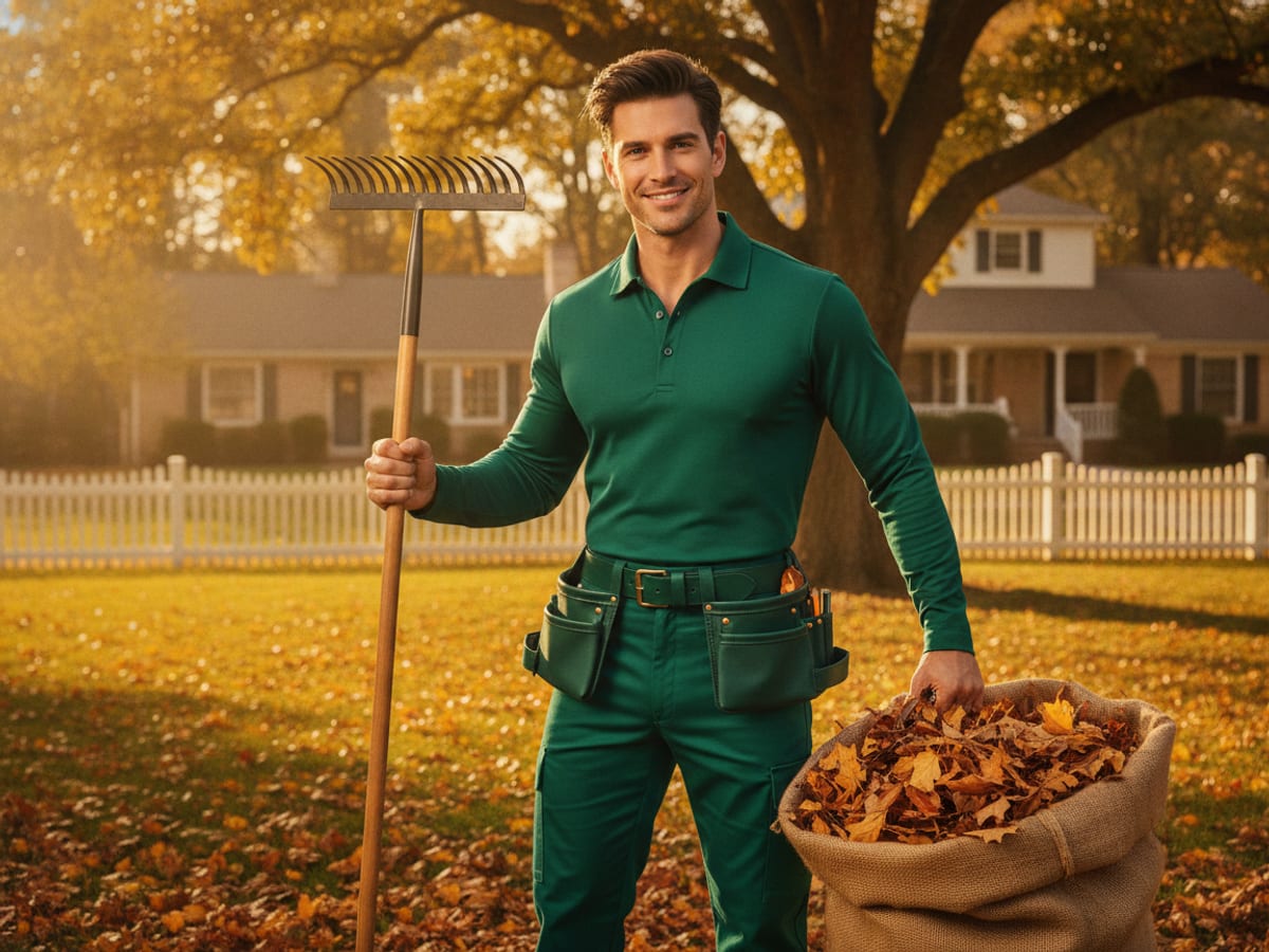 A worker raking and bagging autumn leaves in a front yard on a golden fall afternoon