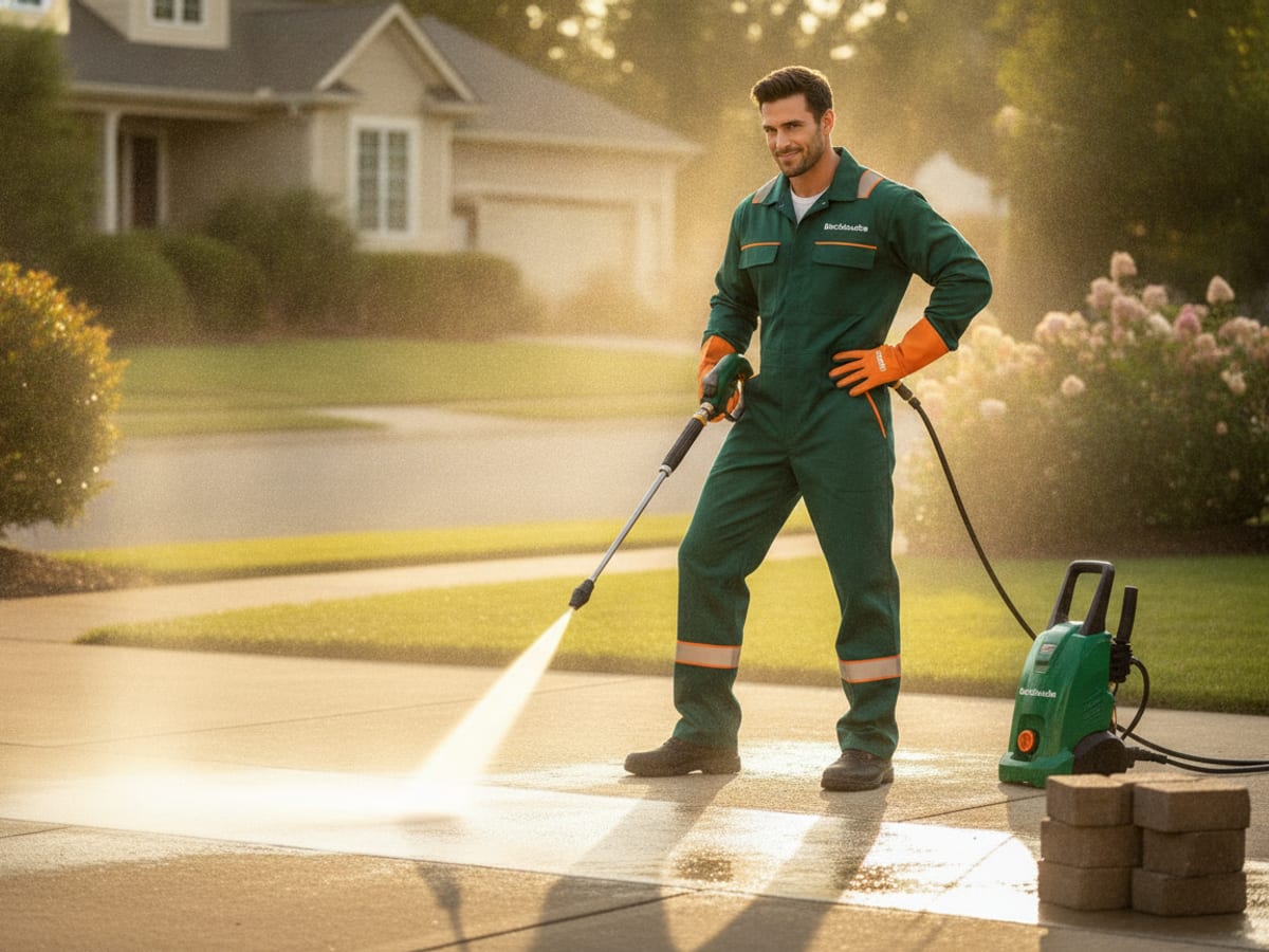 A worker pressure washing a driveway, leaving a bright clean strip across the concrete