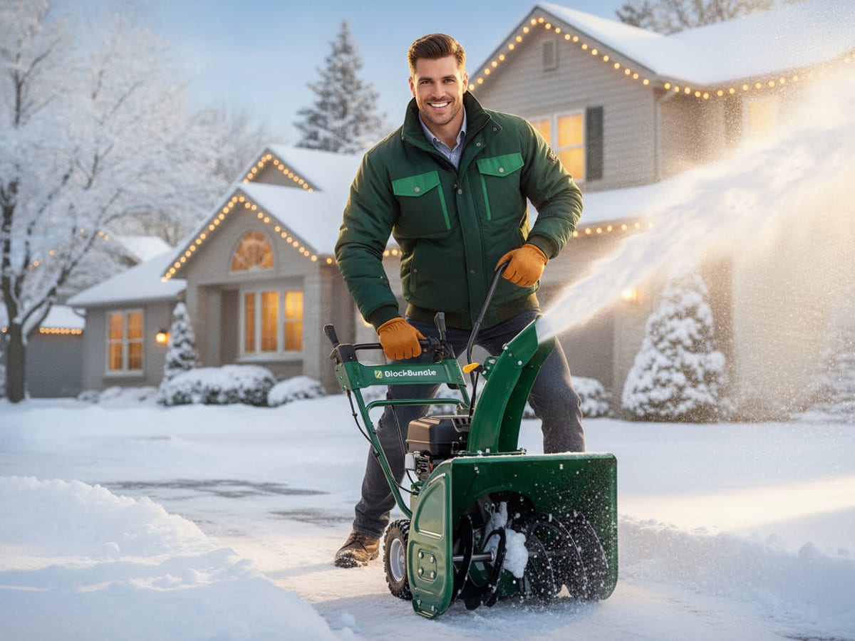 A worker clearing a suburban driveway with a snow blower after a fresh snowfall